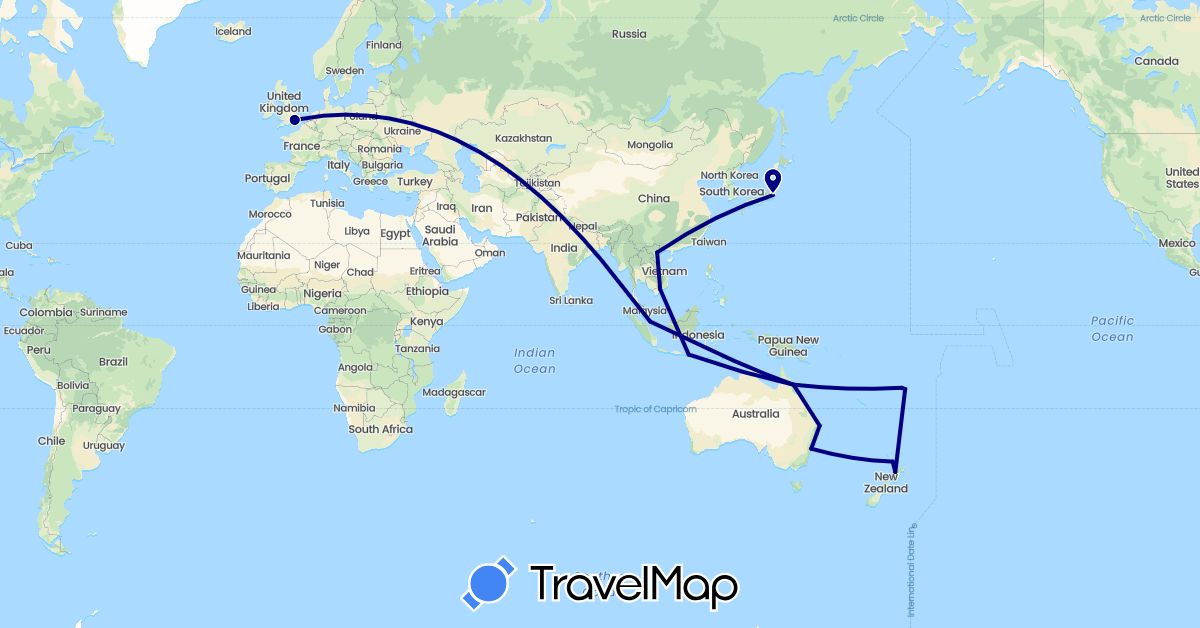 TravelMap itinerary: driving in Australia, Fiji, United Kingdom, Indonesia, Japan, New Zealand, Singapore, Vietnam (Asia, Europe, Oceania)