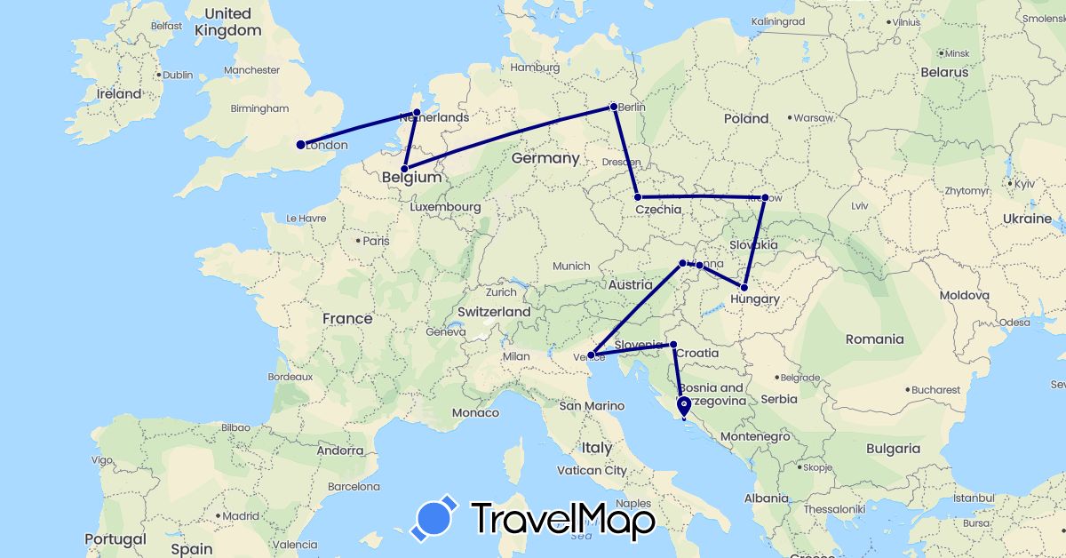TravelMap itinerary: driving in Austria, Belgium, Czech Republic, Germany, United Kingdom, Croatia, Hungary, Italy, Netherlands, Poland, Slovakia (Europe)